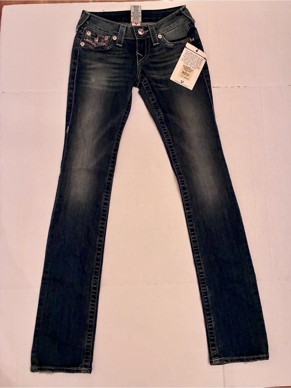 True Religion  “Chrome” Straight Leg Jeans in Dark Blue Wash